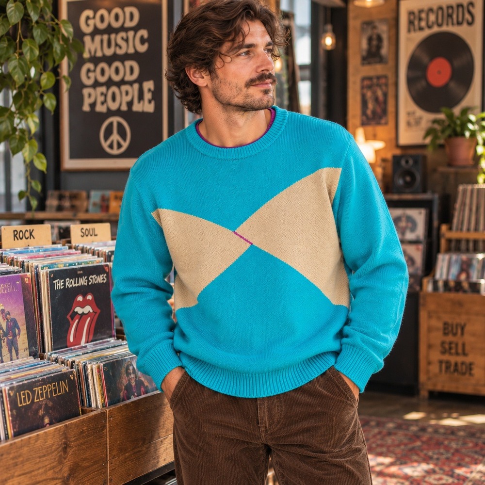 Vintage 90s London Fog Sweater Colorblock Geometric Crewneck Teal Men's Medium